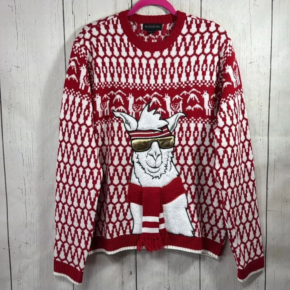 Blizzard Bay Llama Christmas Sweater Red White Fun Ugly Holiday Festive Winter